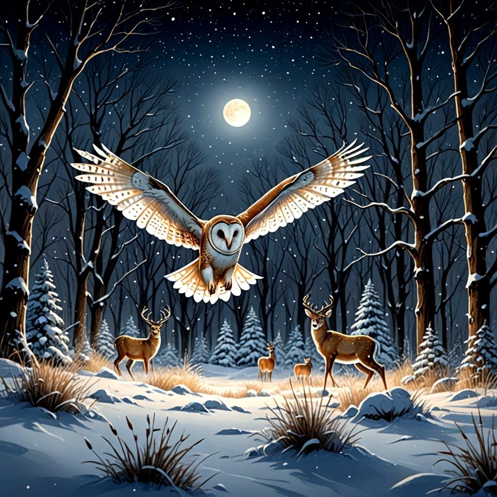 Surreal Winter Scene of a Barn Owl in Flight Above a Deer He...