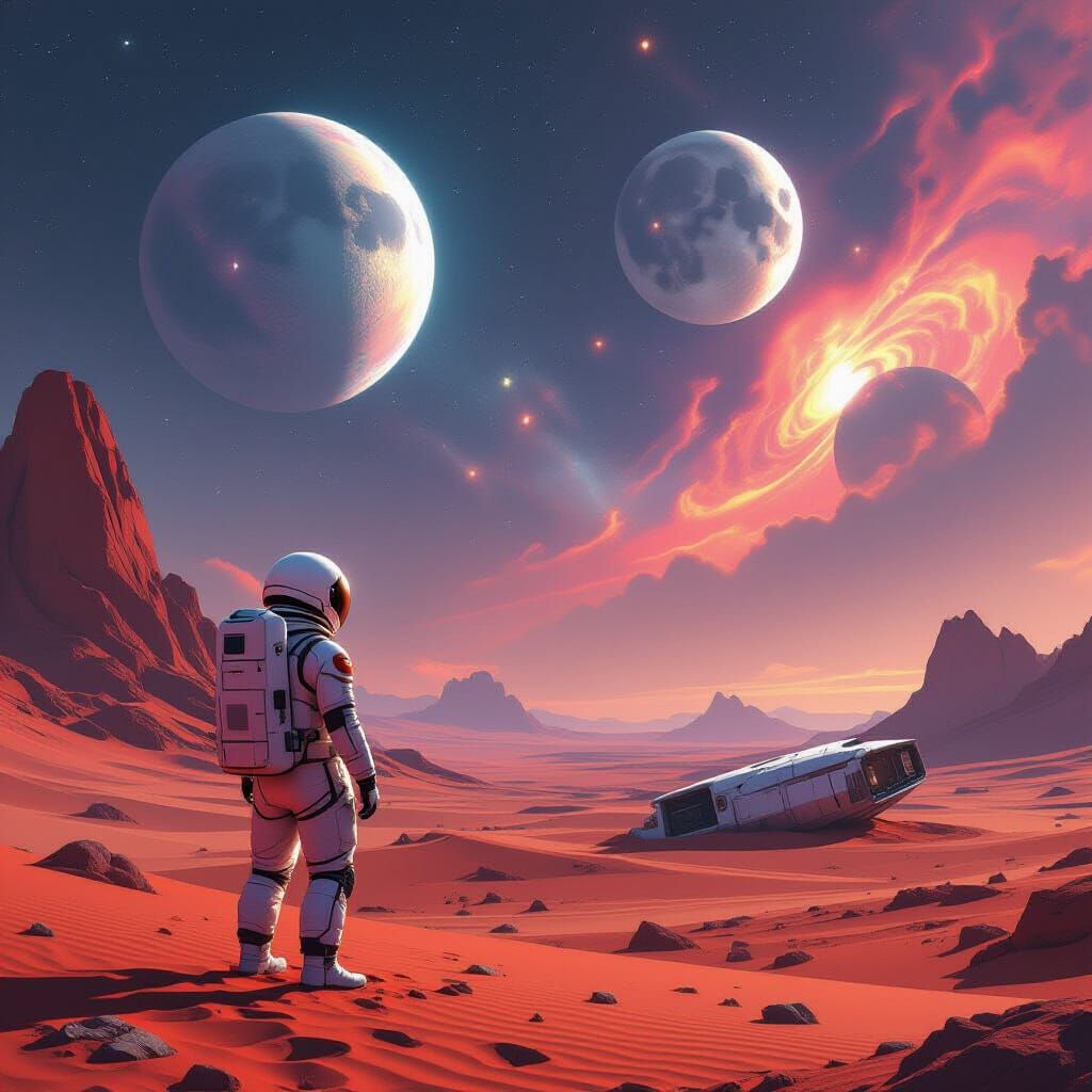 Astronaut on Crimson Planet Under Alien Sky