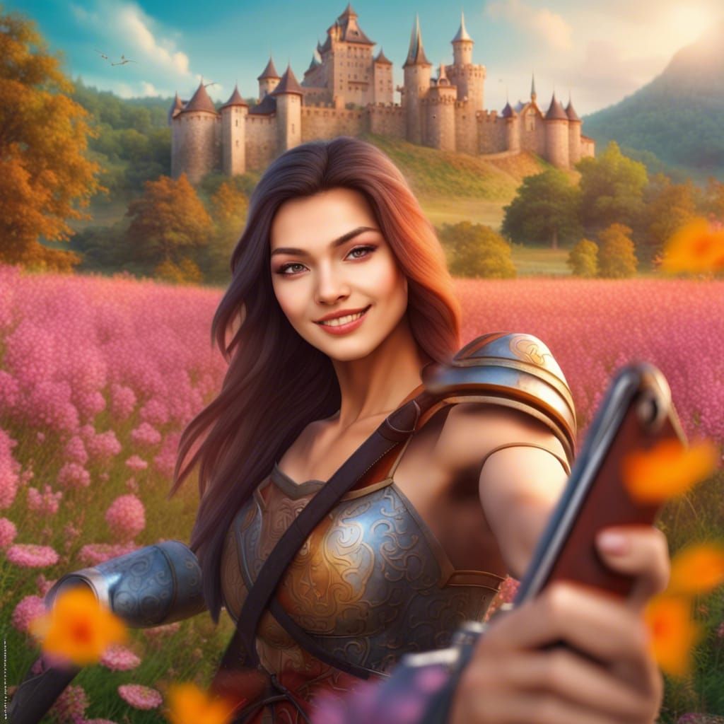 Female Warrior Selfie with Ki-rin, Fantasy Art