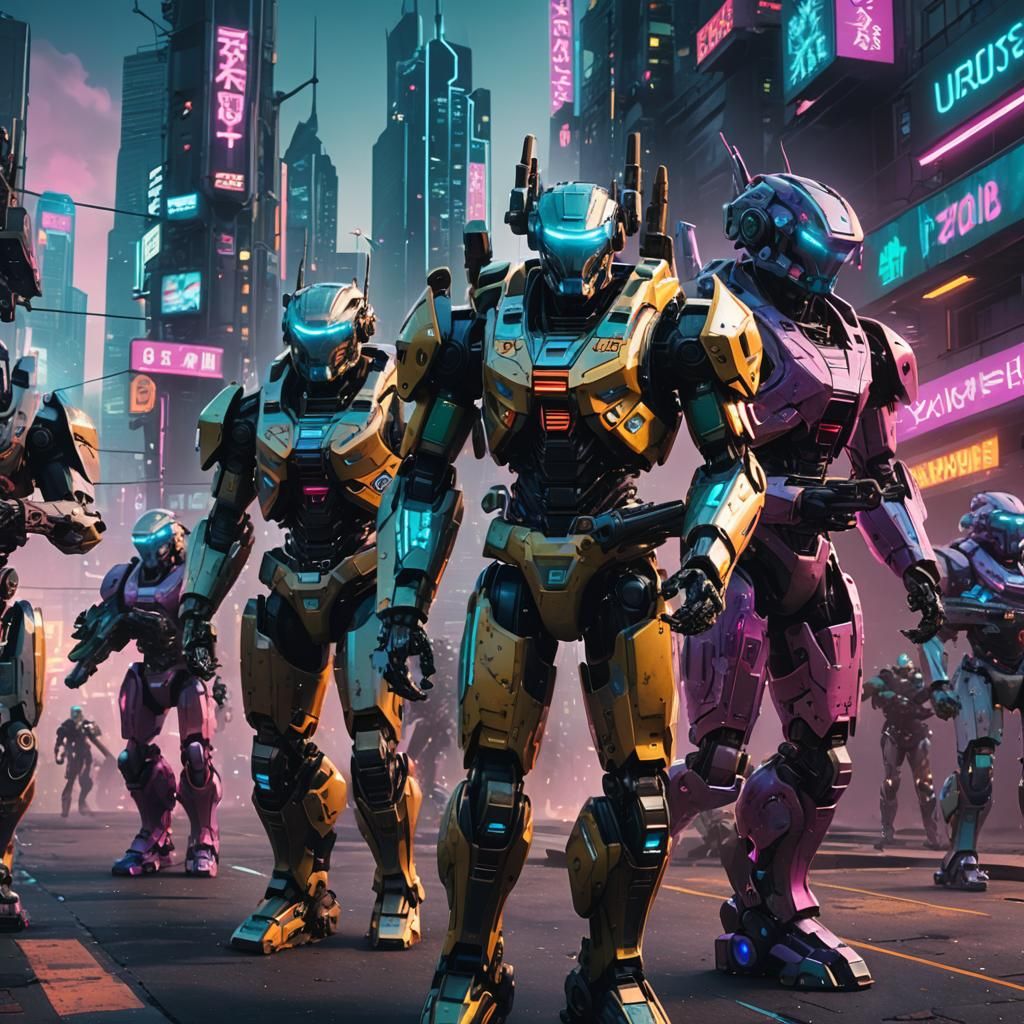 Futuristic Robot Army in Vaporwave Cityscape