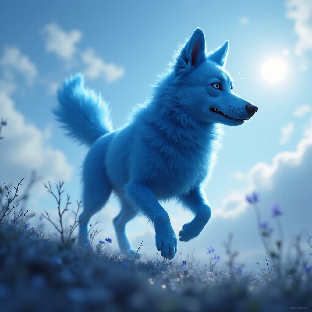 Fabulous Blue Dog in Blurred Clouds, Detailed Matte Painting