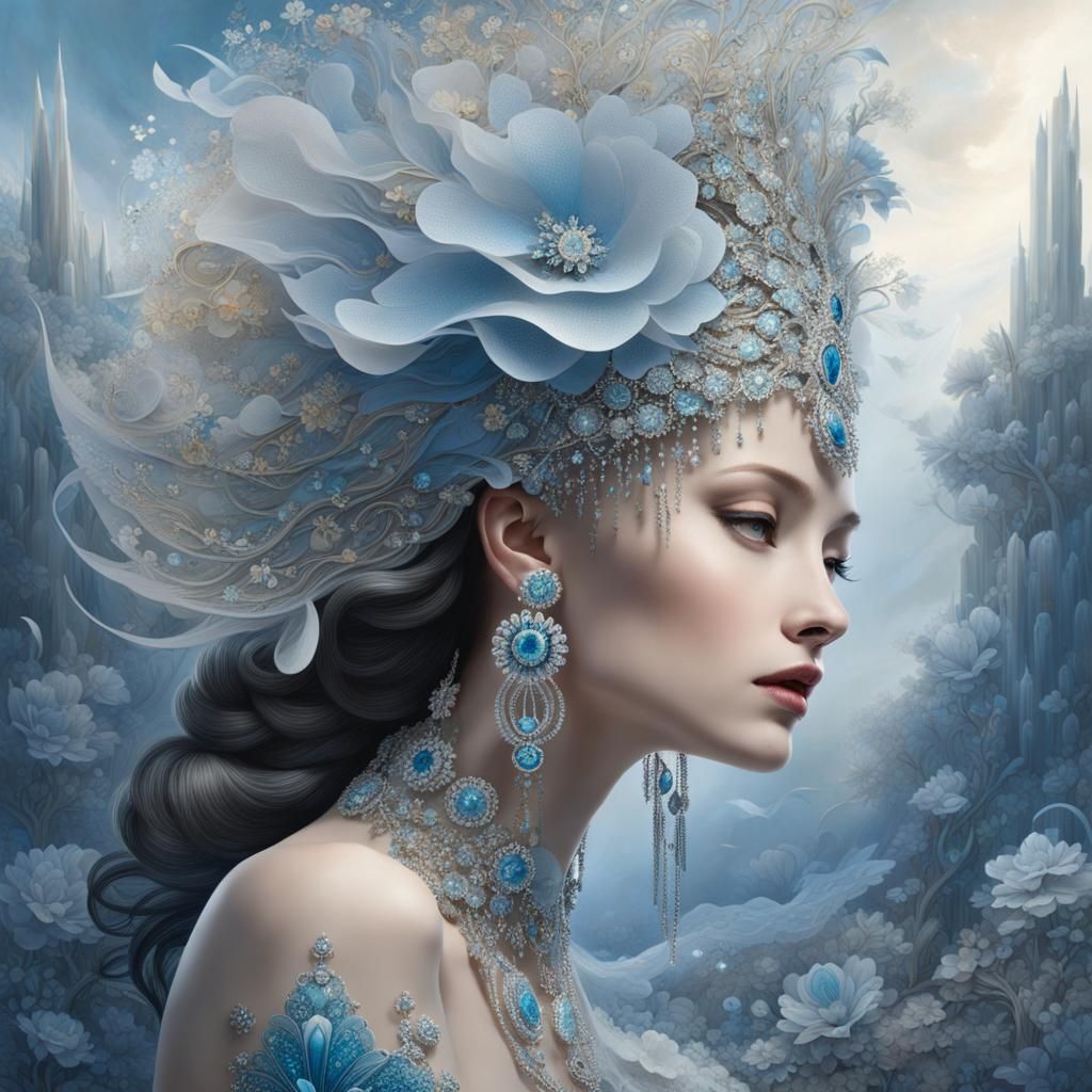 the woman-like figure made of honeycomb-like particles, smal...