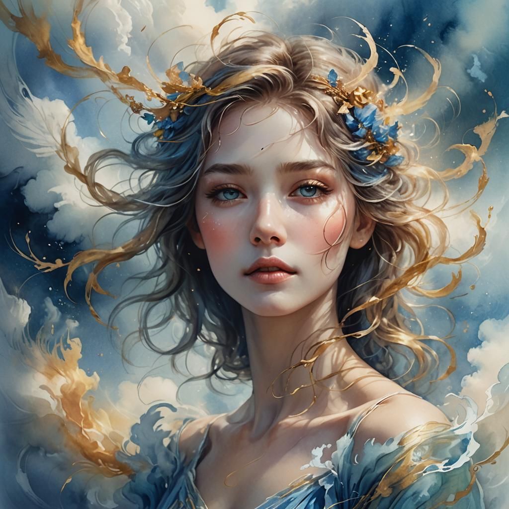 Ethereal Visage Emerges from Cloud, Watercolor Fantasy