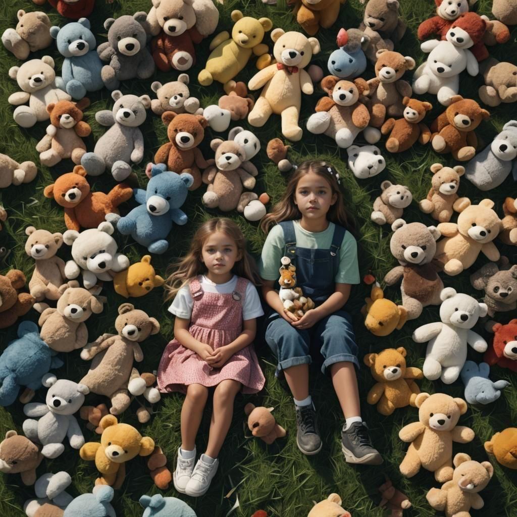 Young Girl with Stuffed Animals in Photorealistic Style