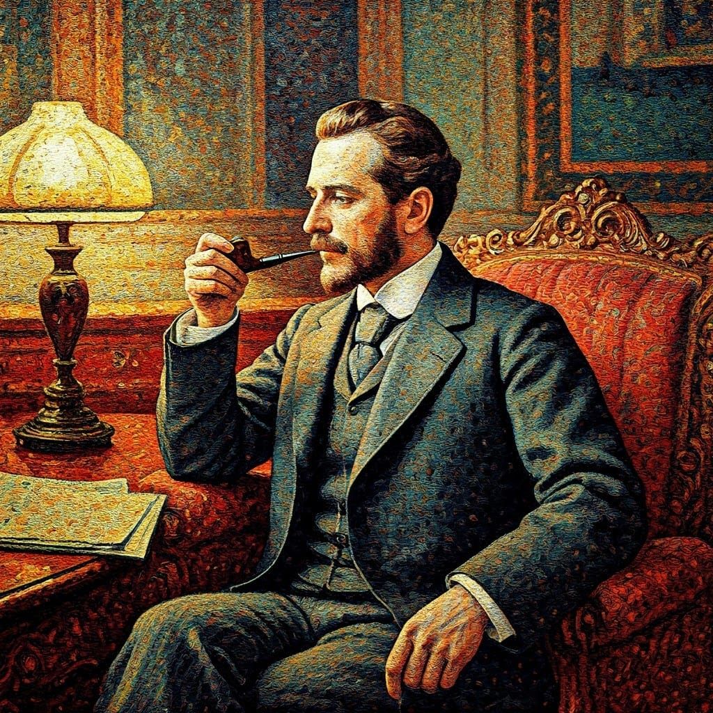 Victorian Gentleman Smoking Pipe in Pointillism Style