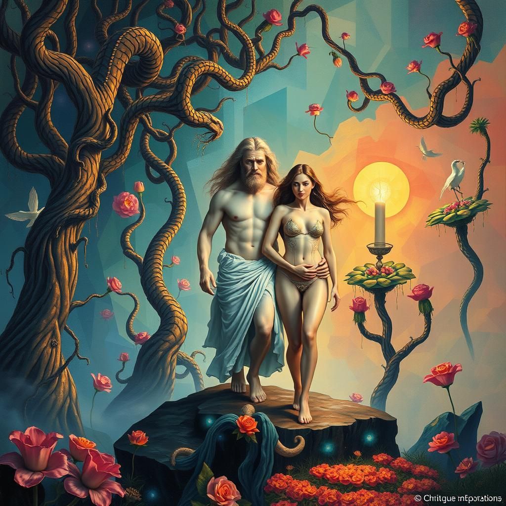 God, Adam, and Eve in Eden: Heavy Metal Art