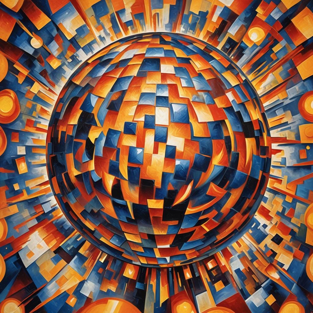 Abstract Cubism: Geometric Sphere Engulfed in Flames