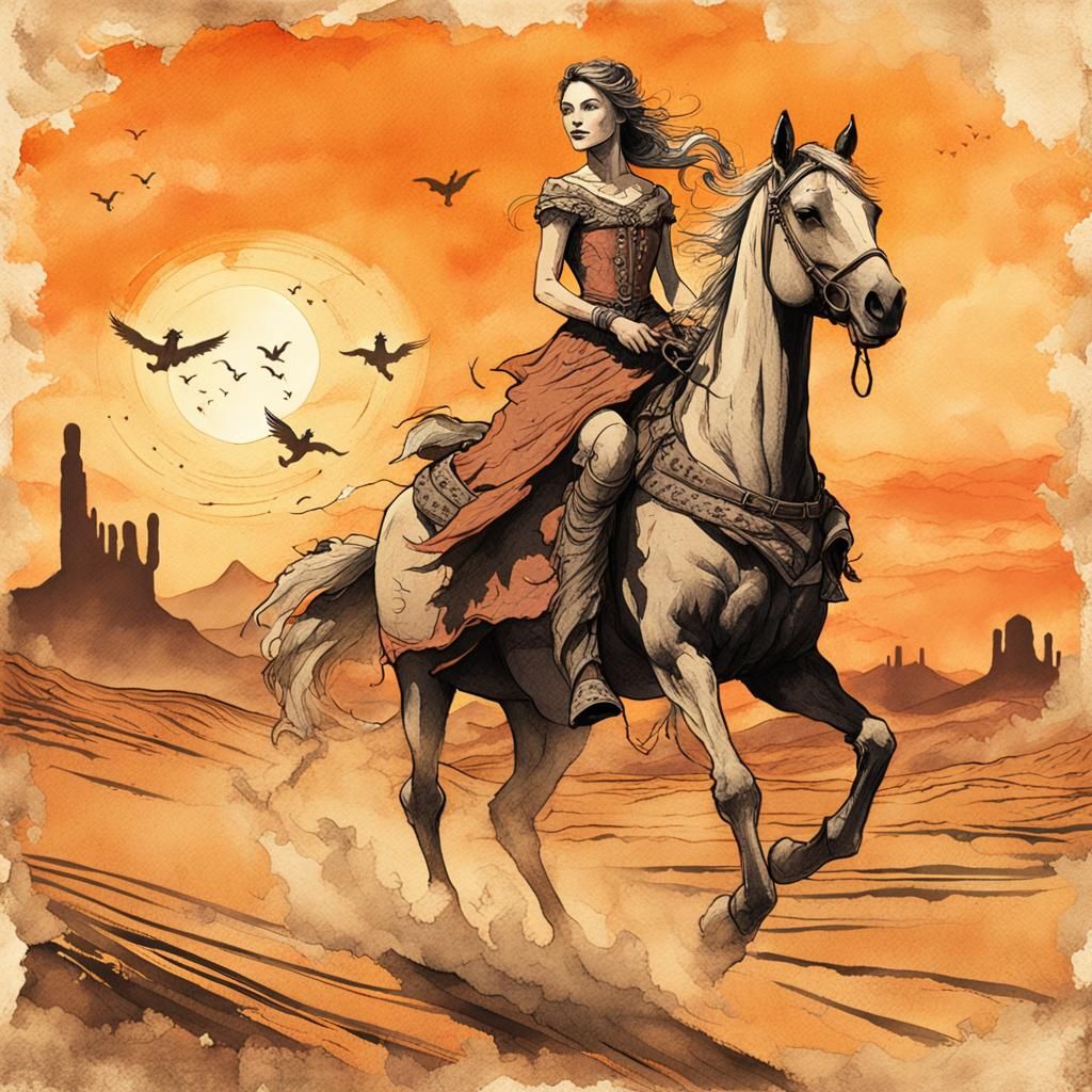 Fairy Princess on Flying Horse in Wild West Ink Art