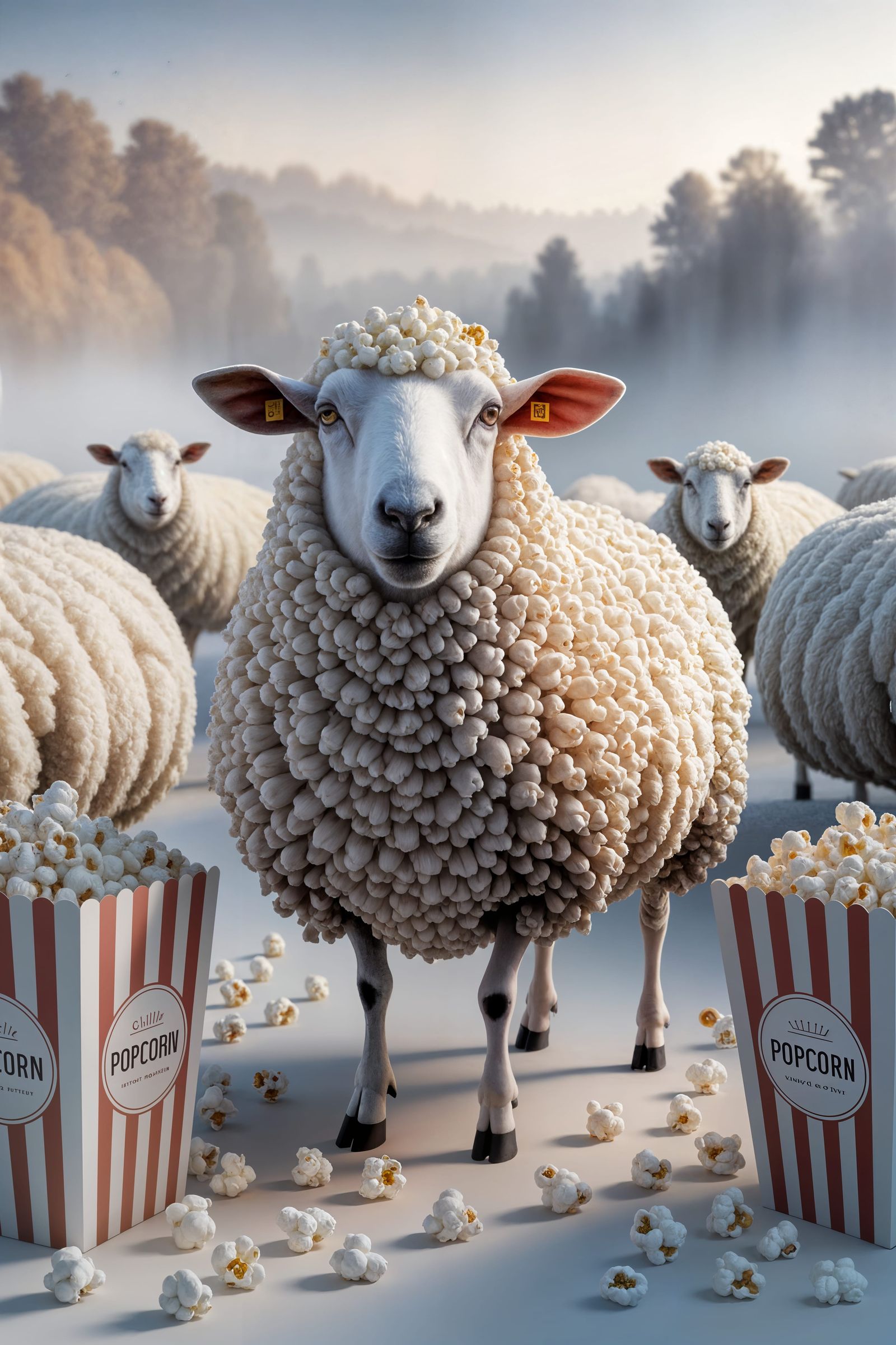 Surreal Sheep in Whimsical Popcorn Landscape