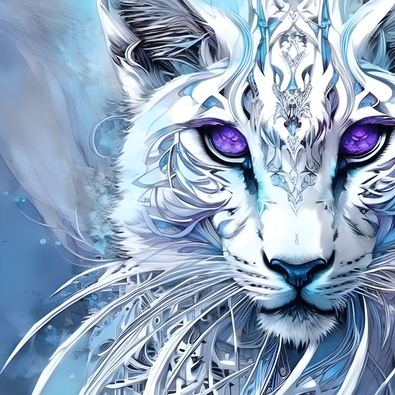 White Feline Portrait with Blue Fire Aura