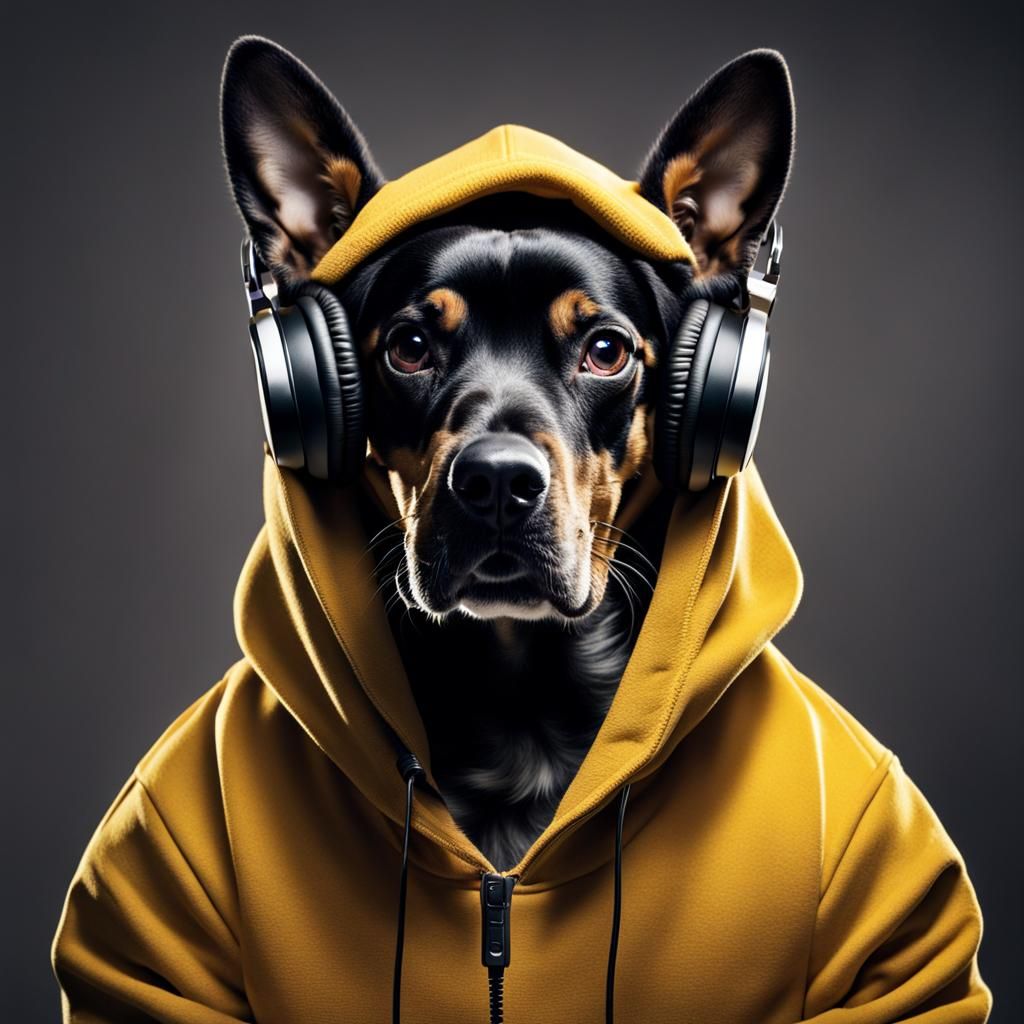 DJ Dog with Headphones and Hoodie