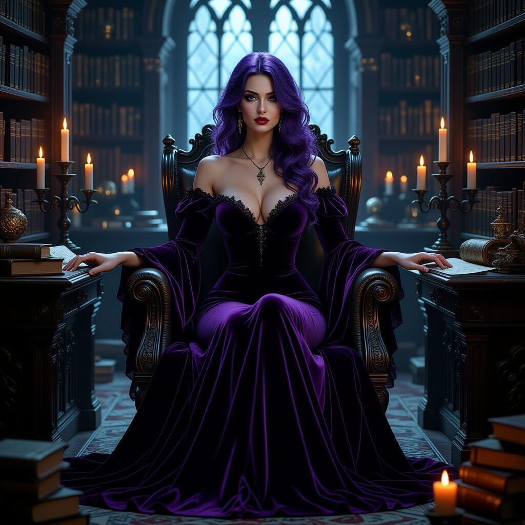 Gothic Woman with Purple Hair in Dim Library