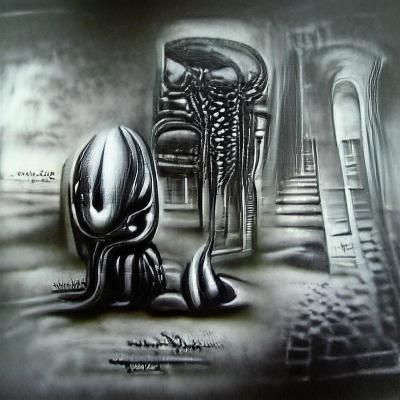 Giger-Inspired Loneliness: A Detailed Black and White Painti...
