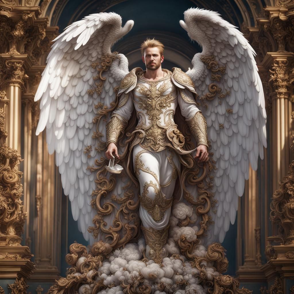 Seraphim Angel Warrior in Rococo White, Detailed Digital Art