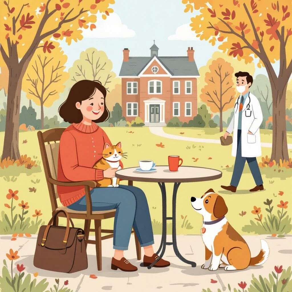 Charming Park Scene with Mother, Cat, Dog, and Doctor