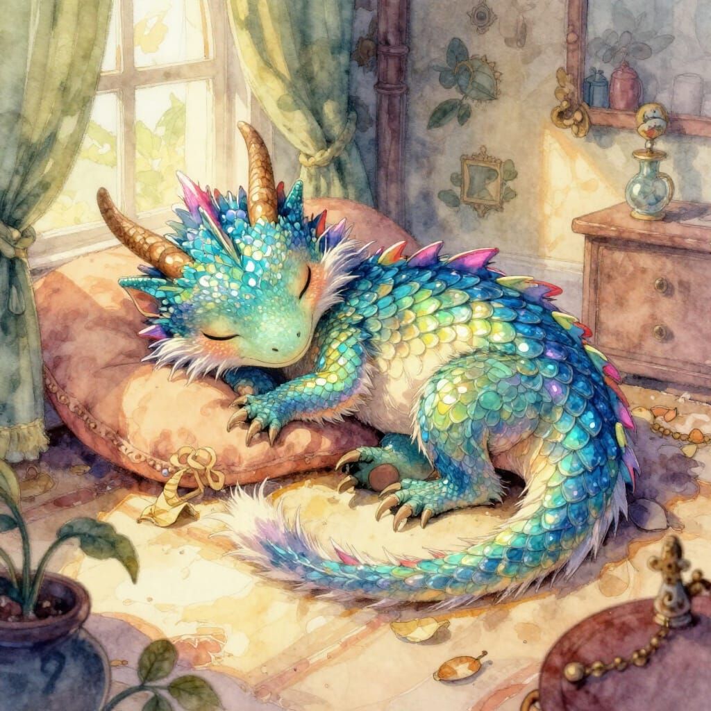 Furry Water Dragon Sleeping in a Cozy, Sunlit Room