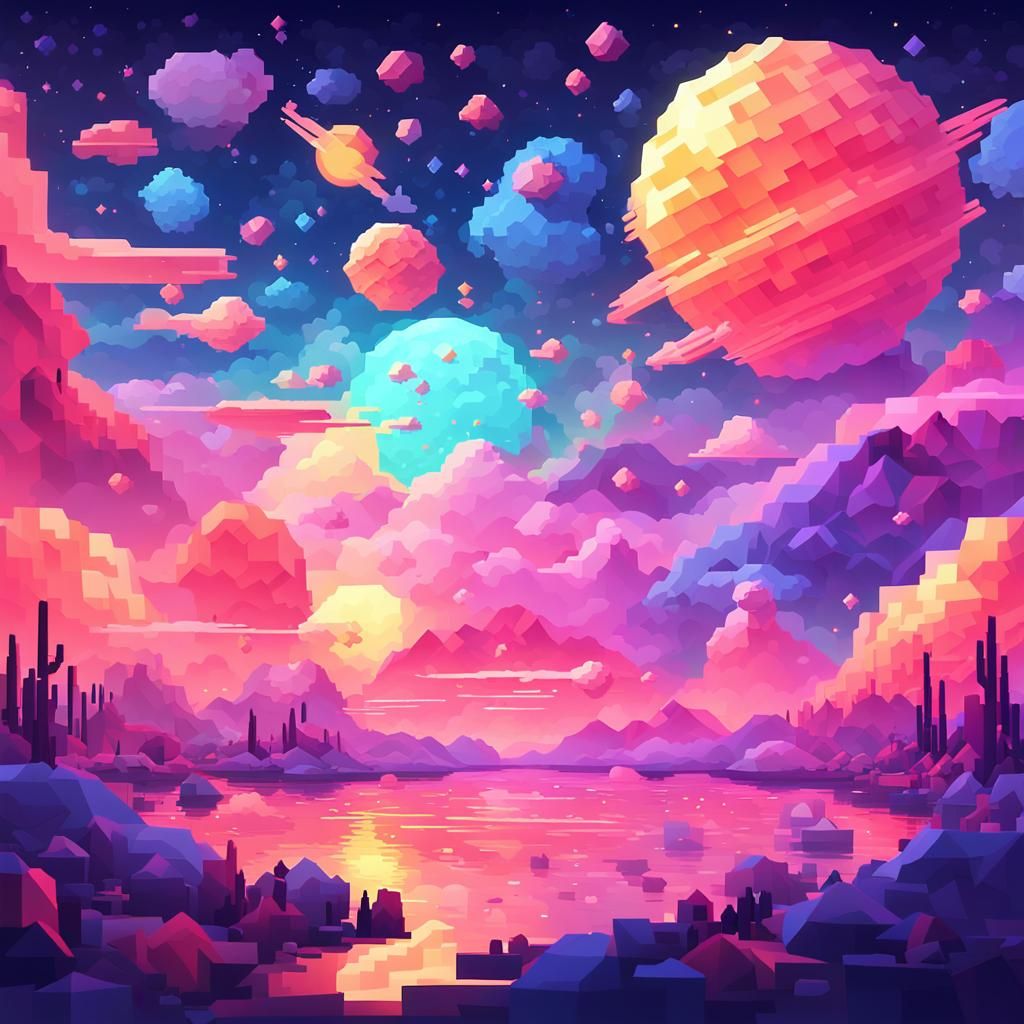 Serene Celestial Landscape in Pixel Art