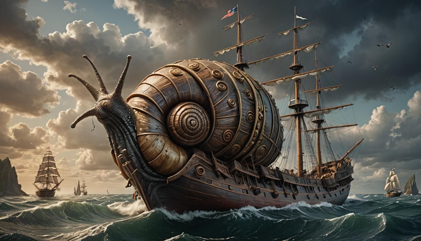 Snail-Shaped Sailing Ship in Digital Painting Style