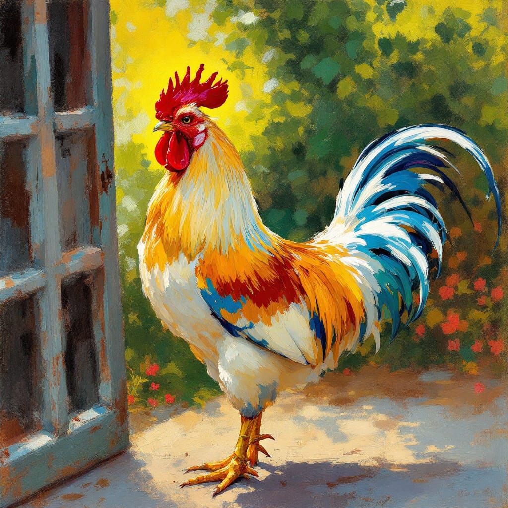 Renoir Style Rooster in Barnyard with K-Pop Colors