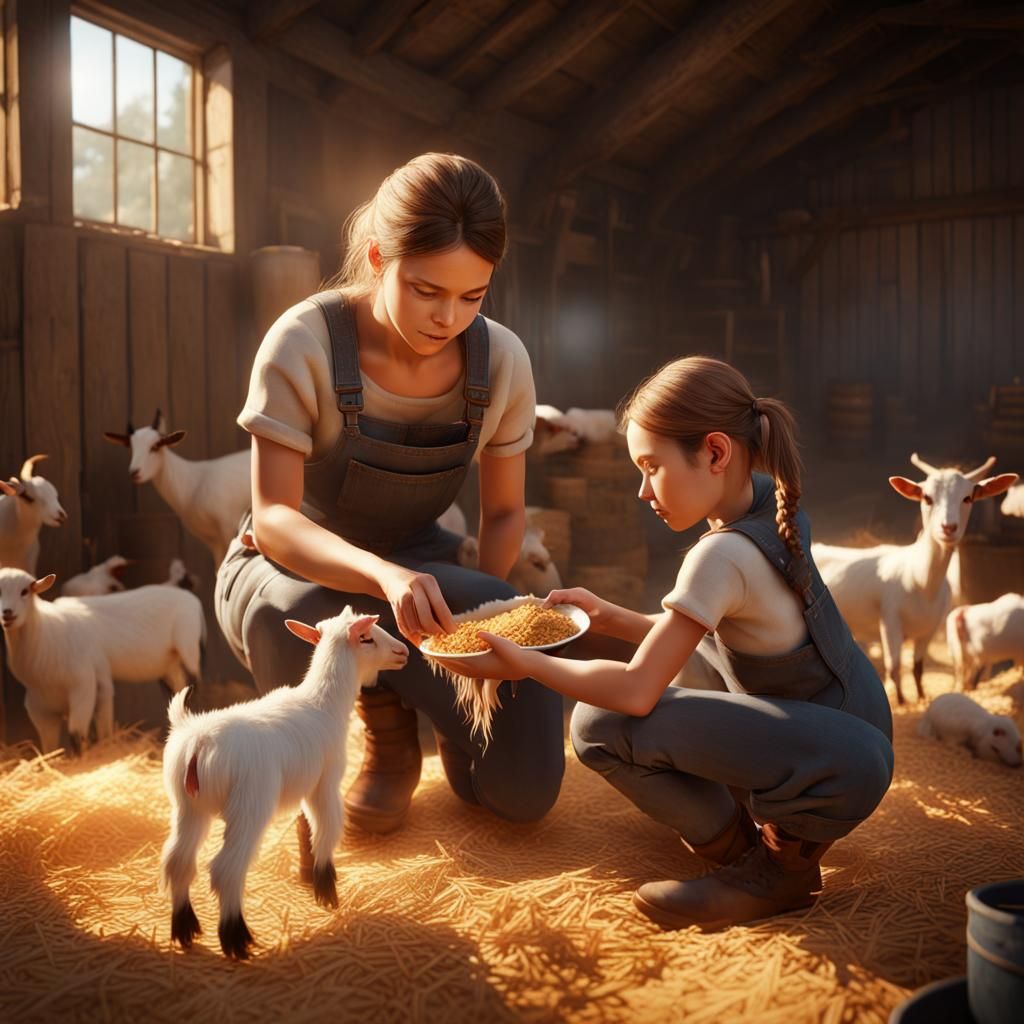 Farm Girl Learning to Feed Goats: 3D Game Art