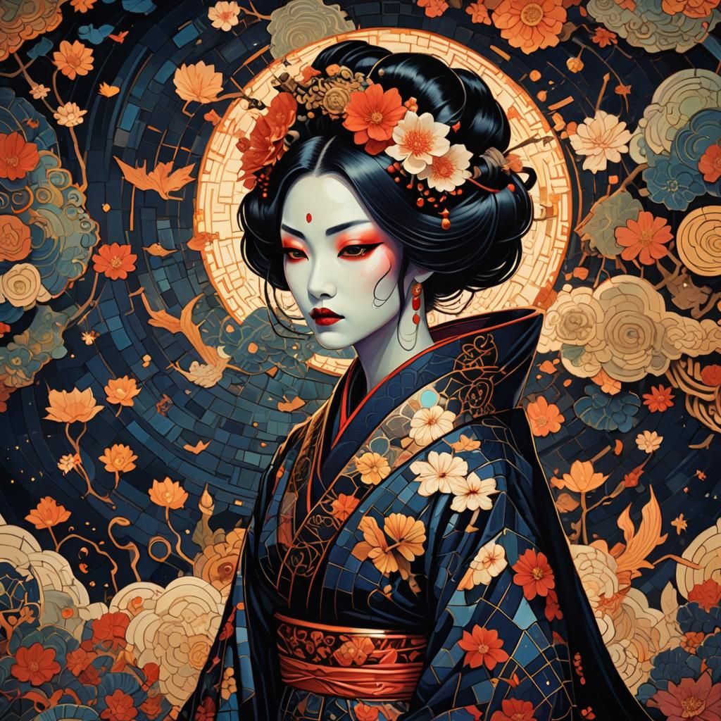 Mosaic Vampire Geisha in Surreal Neon Style