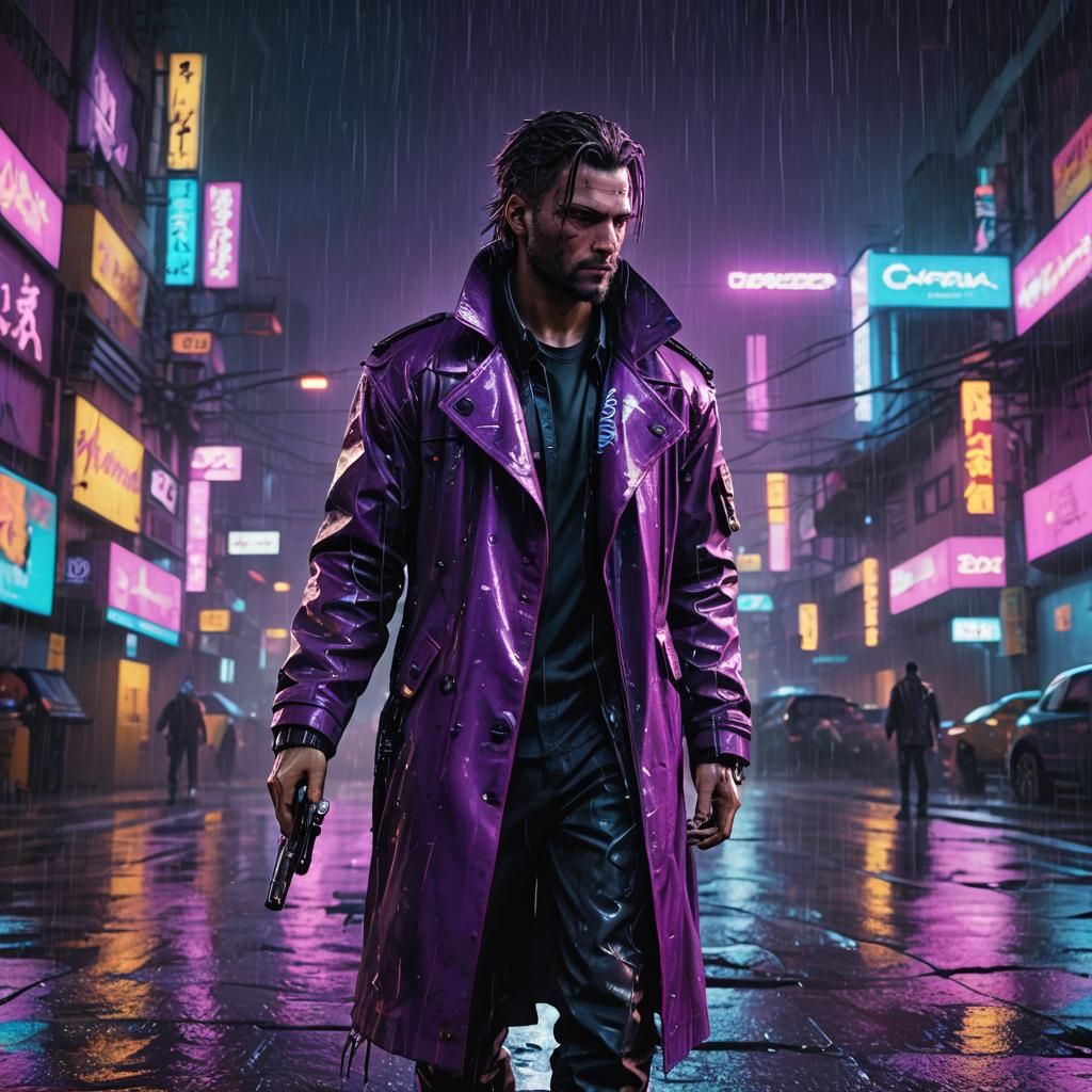 Cyberpunk Character in Rainy Neon Cityscape
