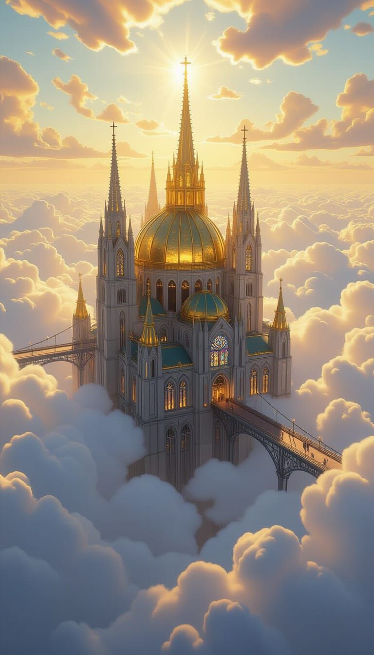 Majestic Cathedral Floating Above Clouds in Dreamlike Surrea...