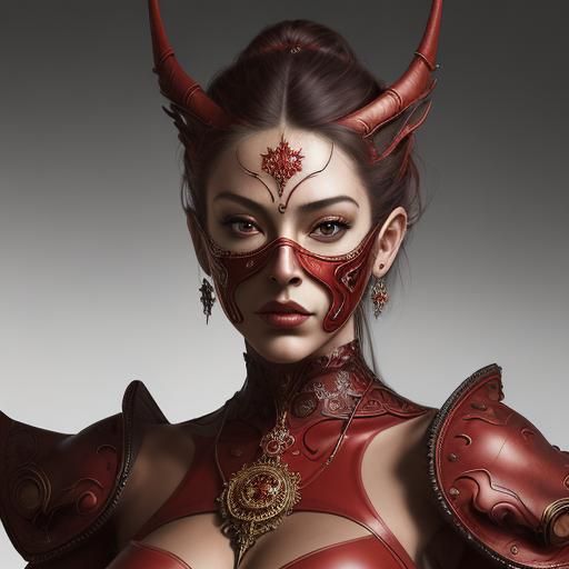 Masked Lady in Red: Surreal Hyperrealistic Portrait