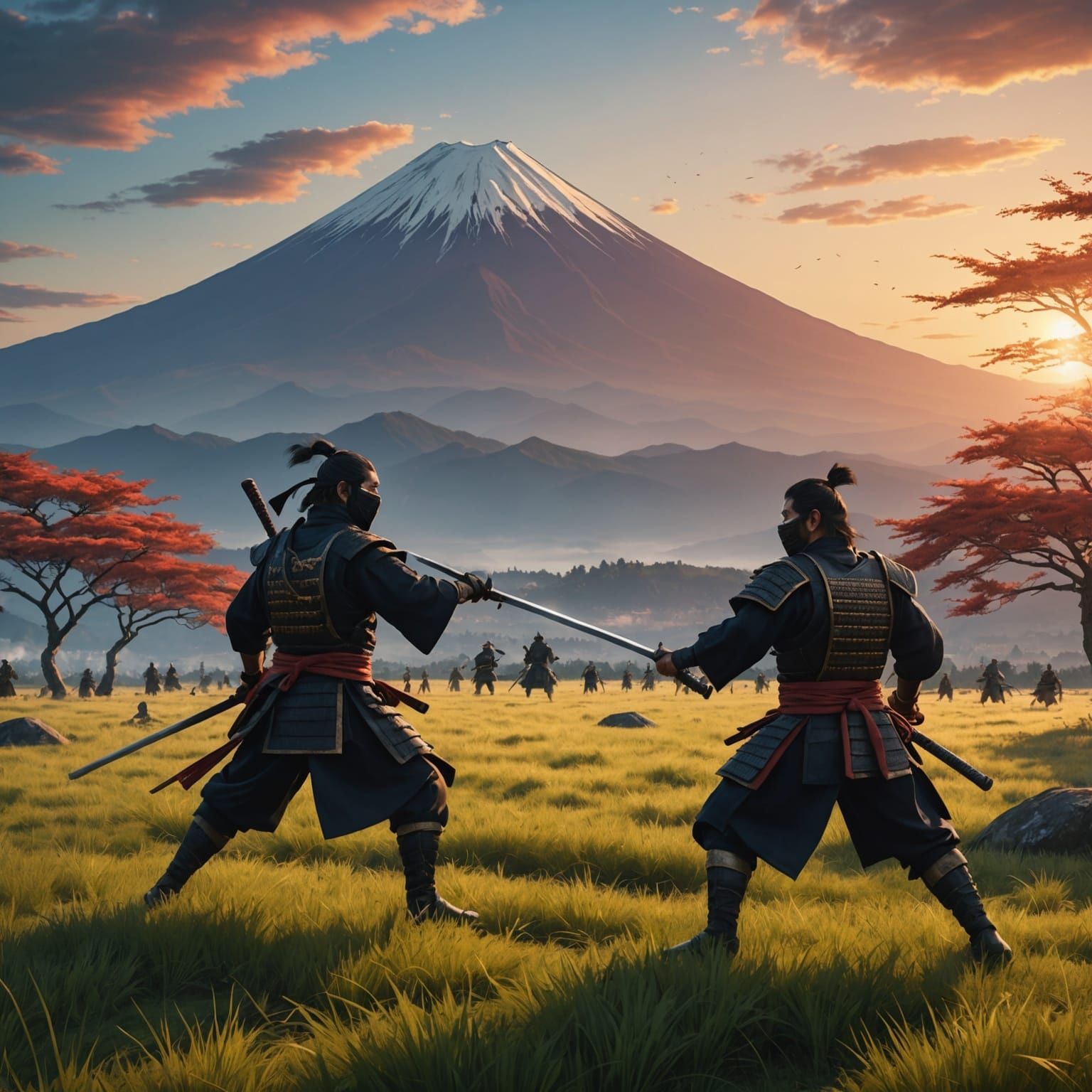 Ninja and Samurai Battle at Sunset