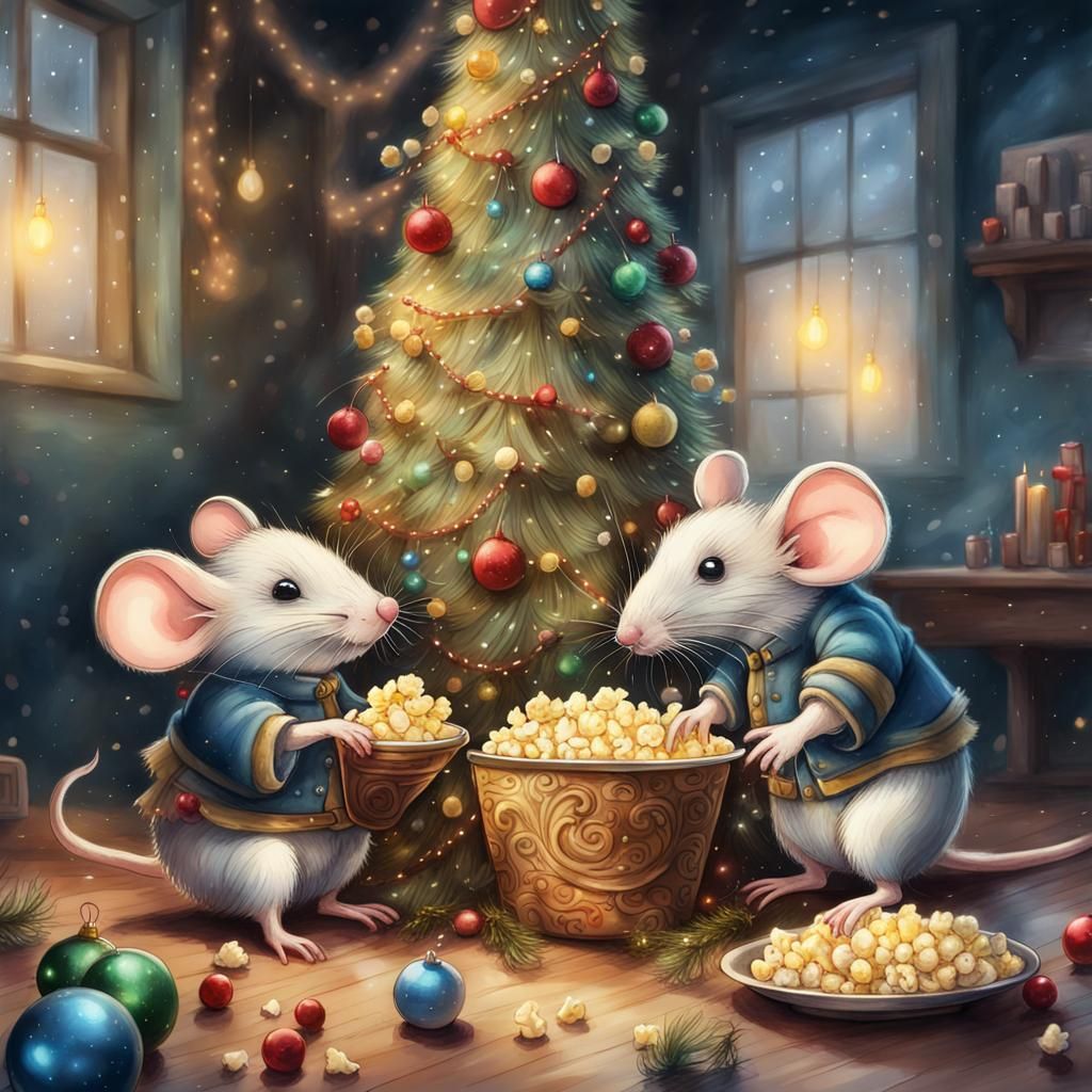 Mice Decorating Christmas Tree in Watercolor Style