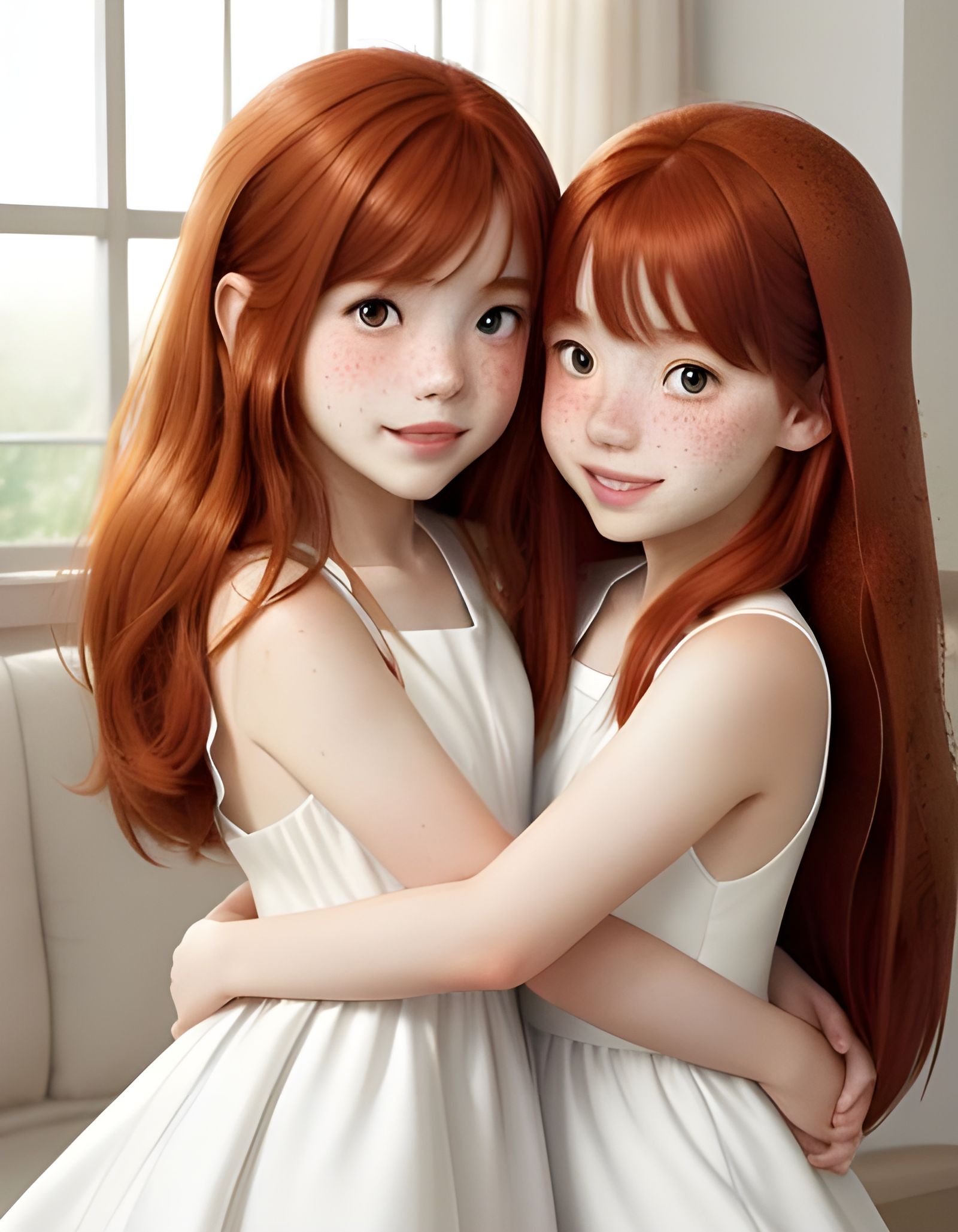 Auburn-haired Sisters Embrace: Studio Ghibli Anime