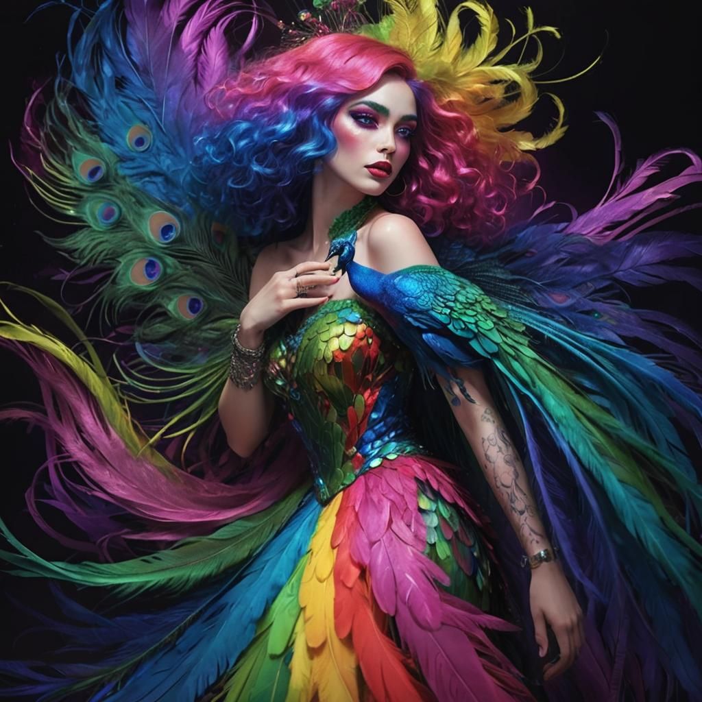 Rainbow Woman Portrait with Peacock Feathers, 3D Render