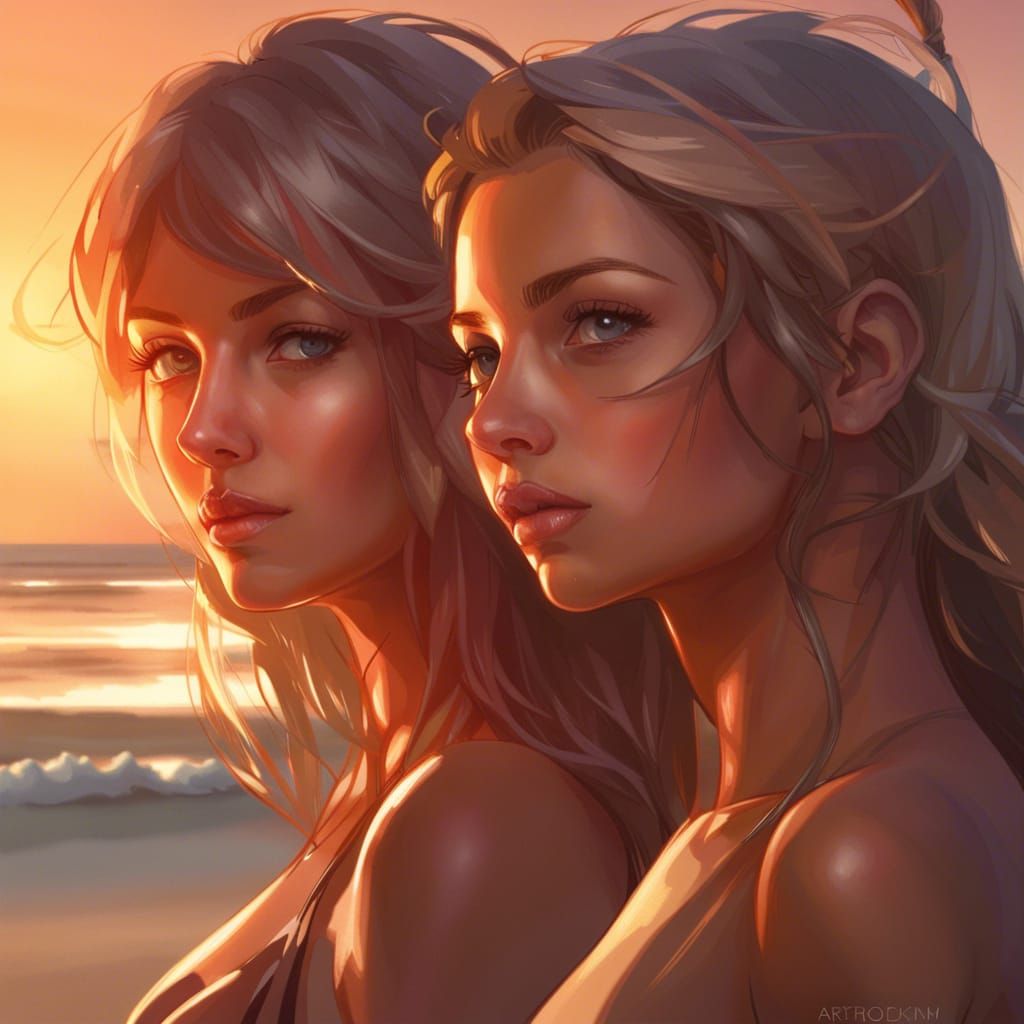 Sunset Beach: Two Girls in Bikinis, Hyperdetailed Art