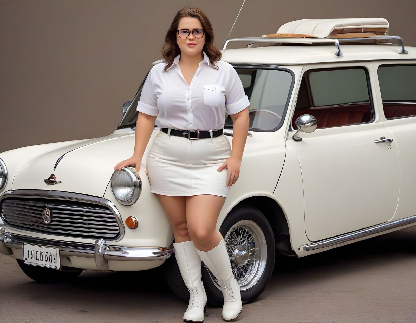Retro 60s Woman Posing with Vintage Car