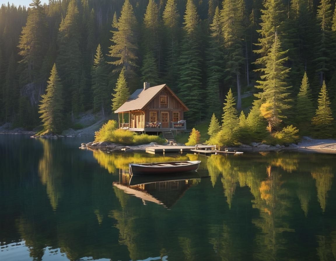 Picturesque Lakeside Cabin at Sunset: Digital Matte Painting