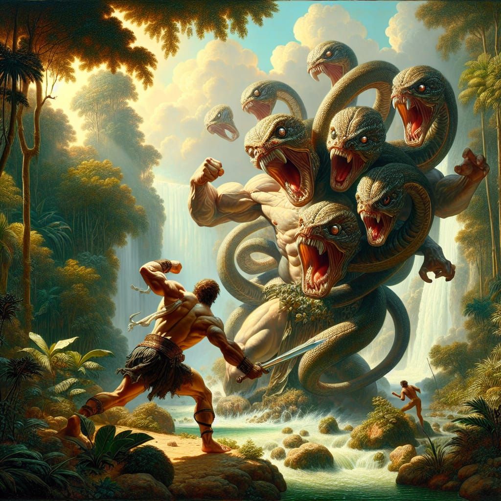 Hercules Battles Hydra in Oasis Jungle, Ultrarealistic