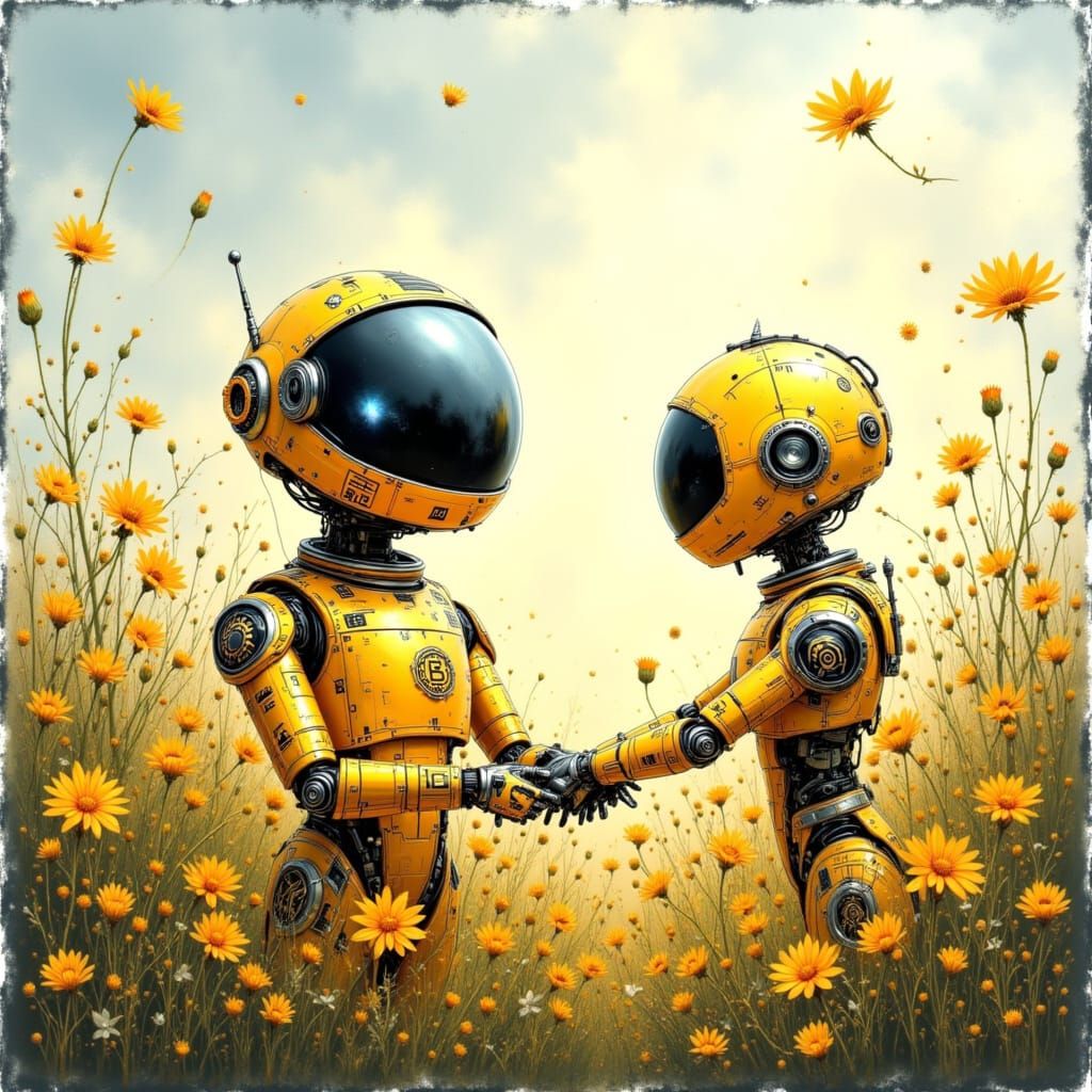 Cute Robots Tend Flower Garden in Ancient Gold Style