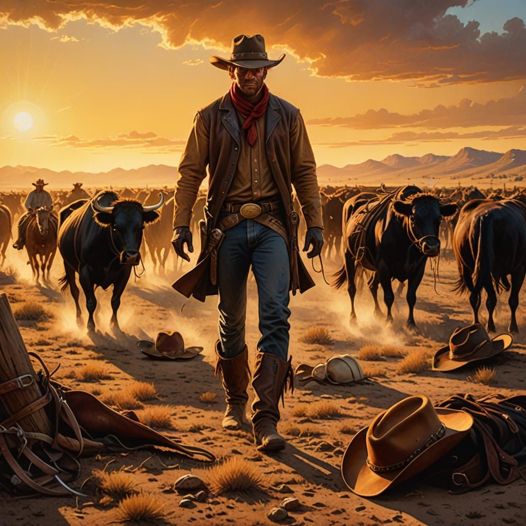Cowboy in Sunset Herds Angus Cattle in the American West