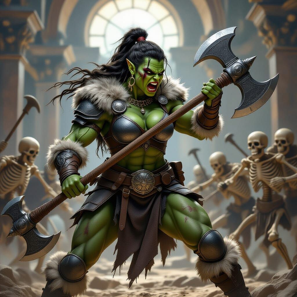 Muscular Half-Orc Barbarian Fights Skeletons in Renaissance ...