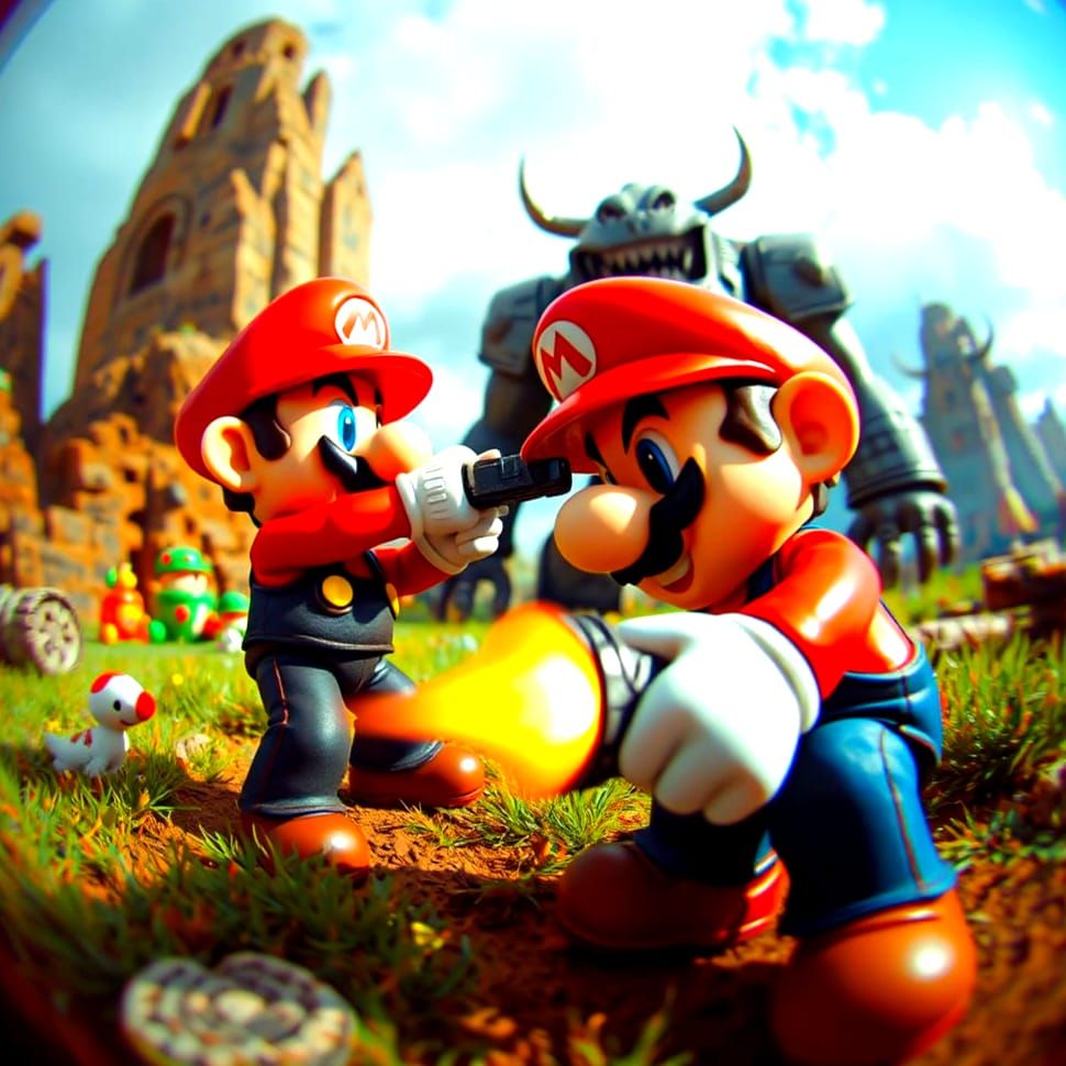 Mario-Doom Guy Battles Final Boss in Toy Camera Style