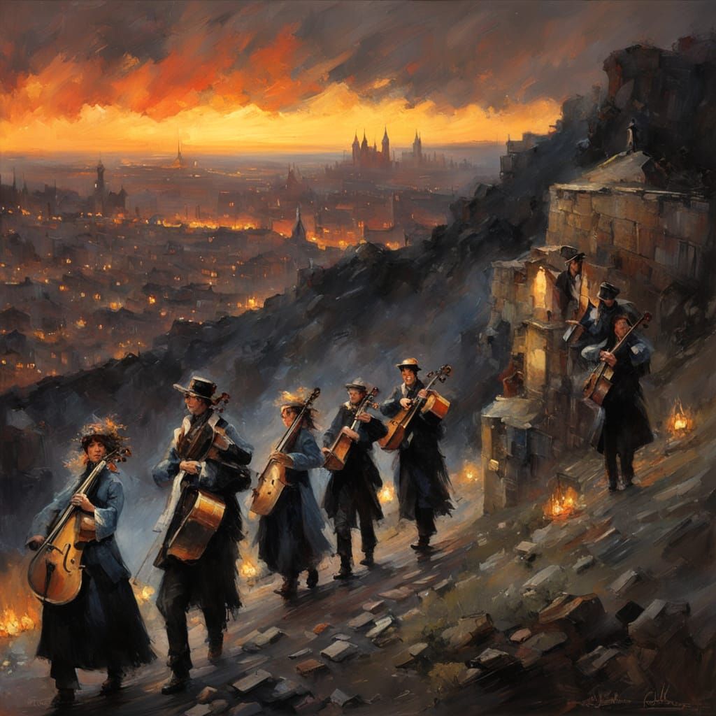 Musicians' Flight from Burning Colonial City
