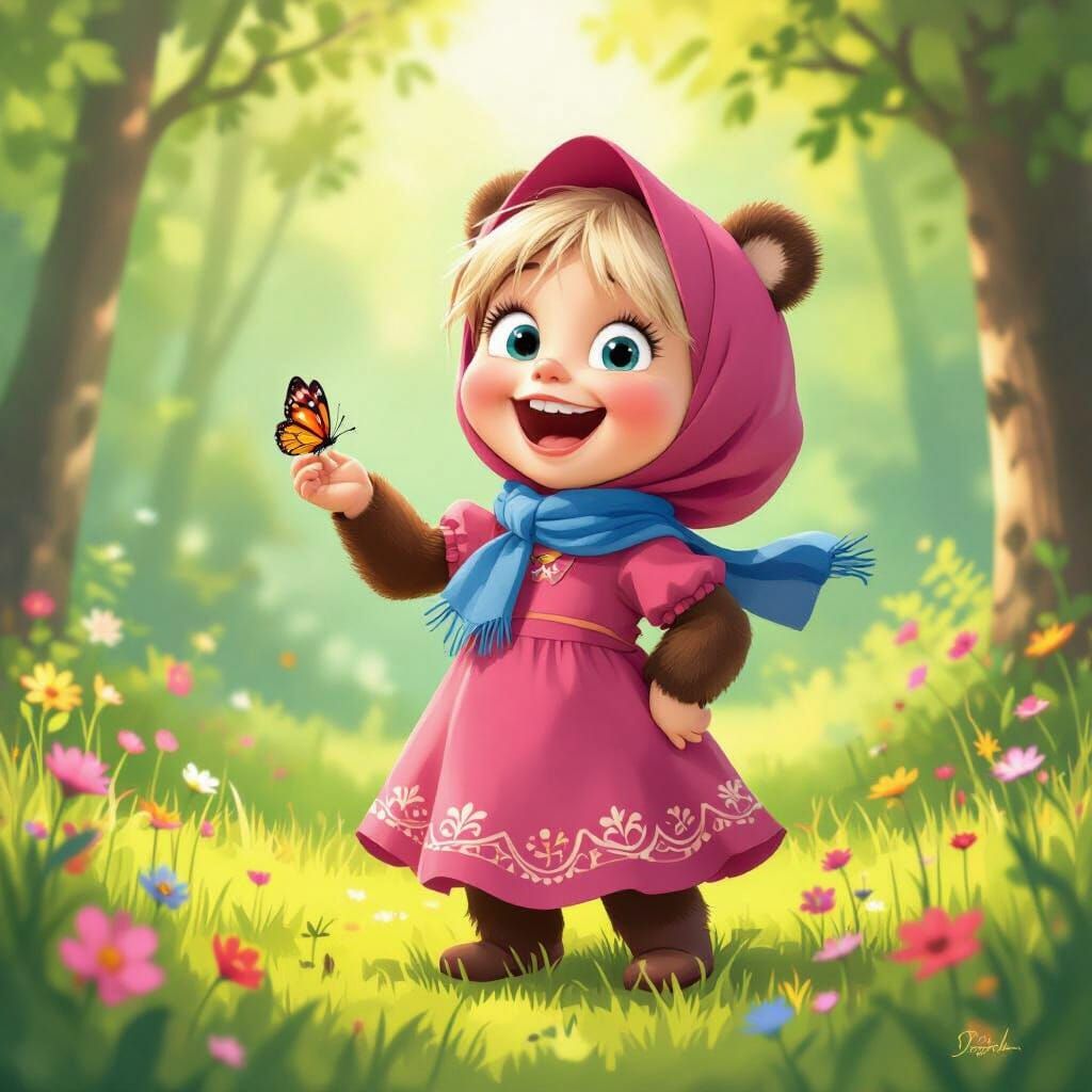 Masha Laughing in a Sunny Forest with a Butterfly