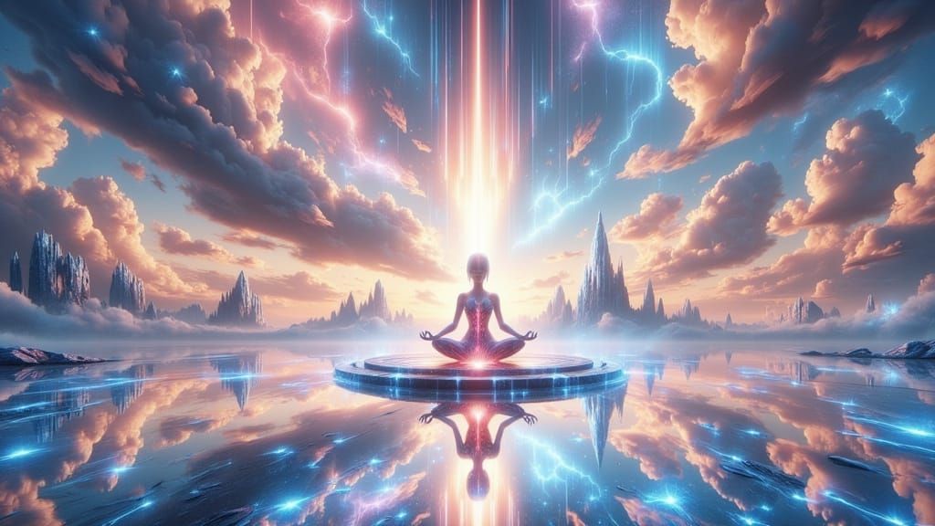 Serene Liquid Metal Temple in Bioluminescent Dreamscape