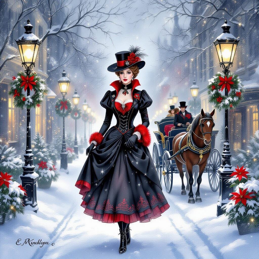 Ethereal Victorian Woman in Snowy Christmas Street