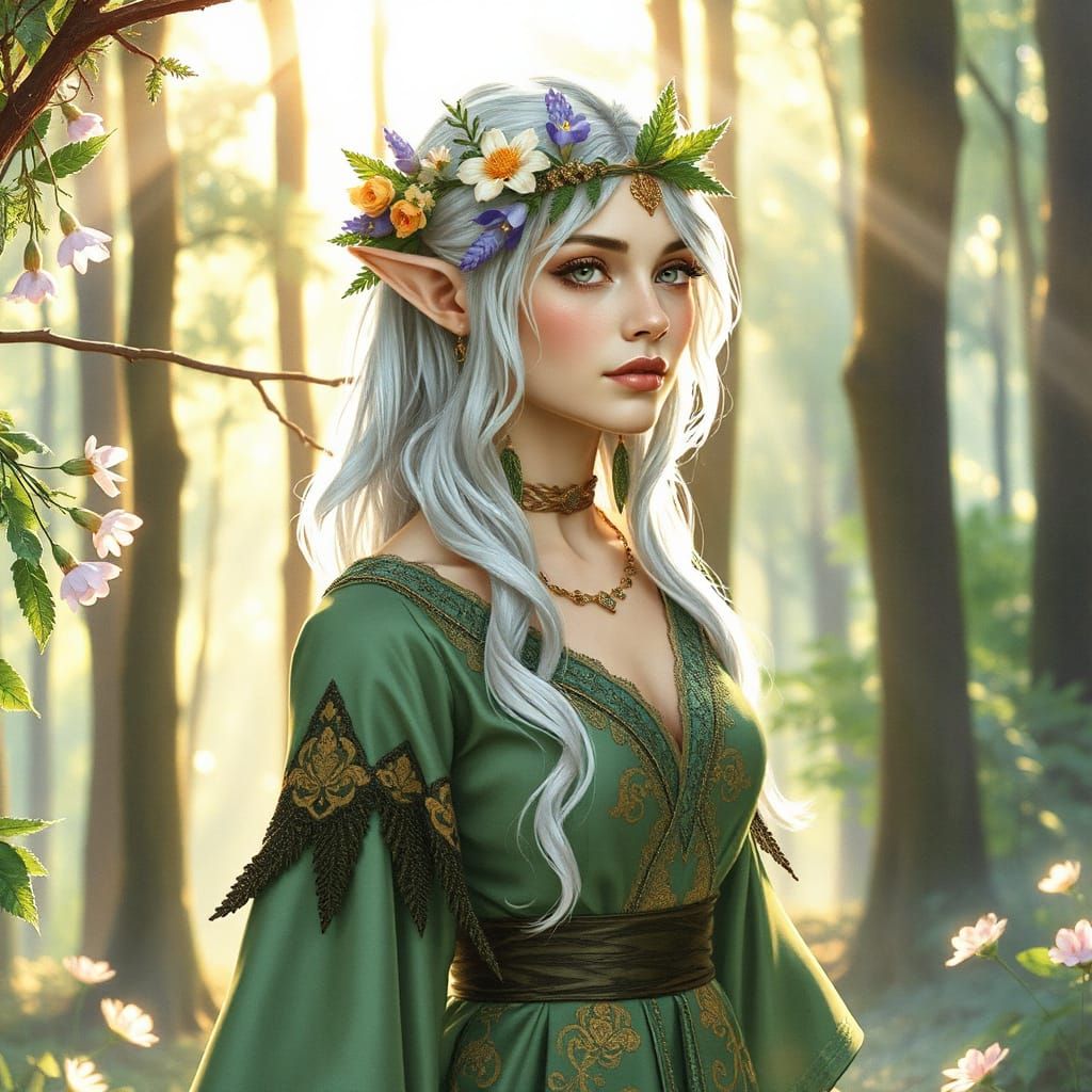 Elven Noble in Mystical Forest, Art Nouveau Style