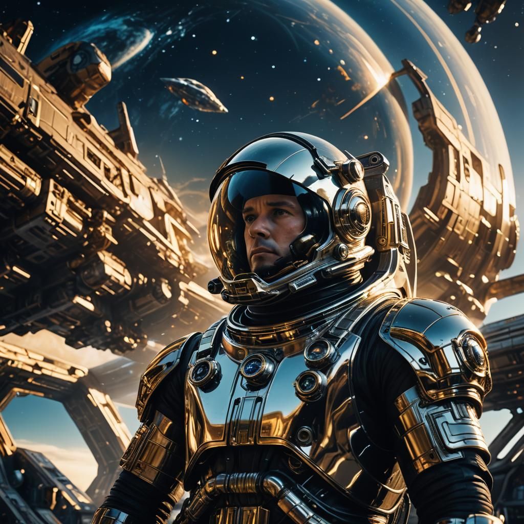 Astronaut Gazing at Spaceship in Futuristic Design