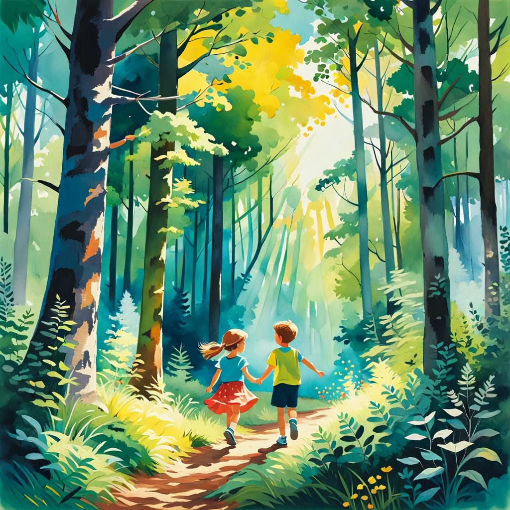 Magical Forest Discovery: Gouache Impressionist Sibling Art
