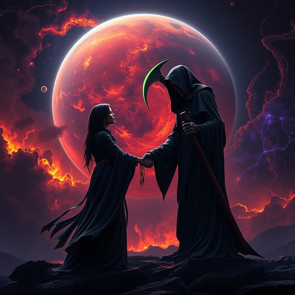 Woman and Death God Witness Earth's Destruction