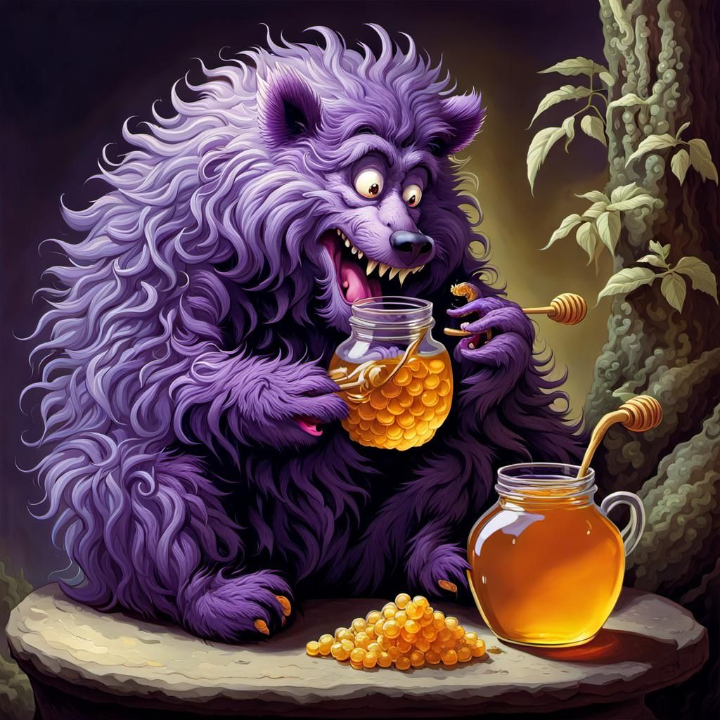 Purple Monster Enjoys Honey, Fantasy Art