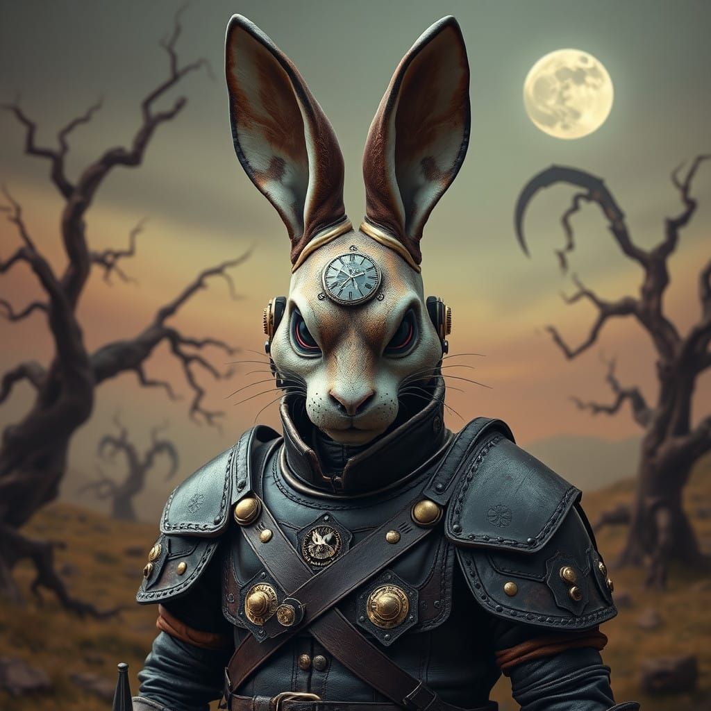 Victorian Warrior in Distressed Leather Armor Adorned with C...